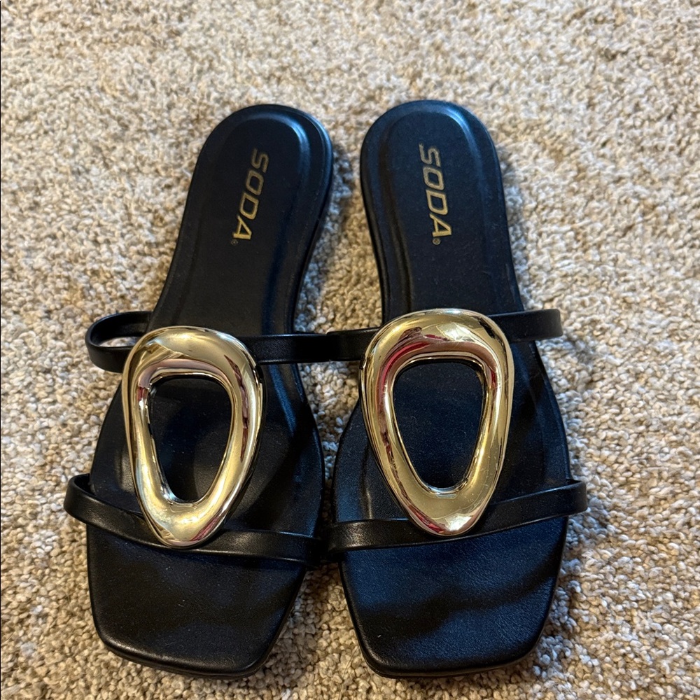 Soda Black Sandals with Gold Accents